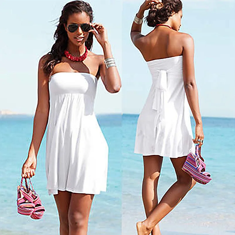 Beach Dress Cover Ups Swimsuit Swimming Sundress Beachwear Wear Pareo Crotch Tunic Woman Girl Bikini Bathing Suit Clothing VB007: XL / white