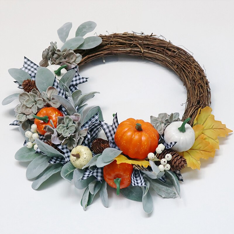 Artificial Fall Wreath, Autumn Wreath with Leaves Pumpkin Pine Cone and Berries, for Front Door Thanksgiving Decoration