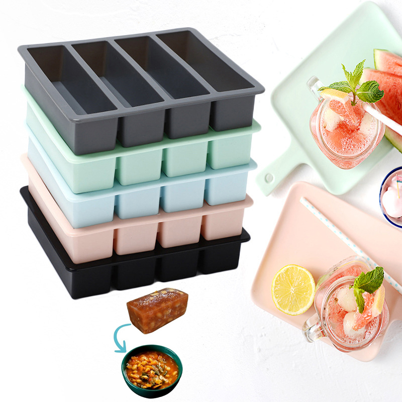4 Cubes Giant Storage For Food Meal Sauce With Lid Silicone Freezer Trays Extra Large Soup Ice Tray Food Freezing Molds