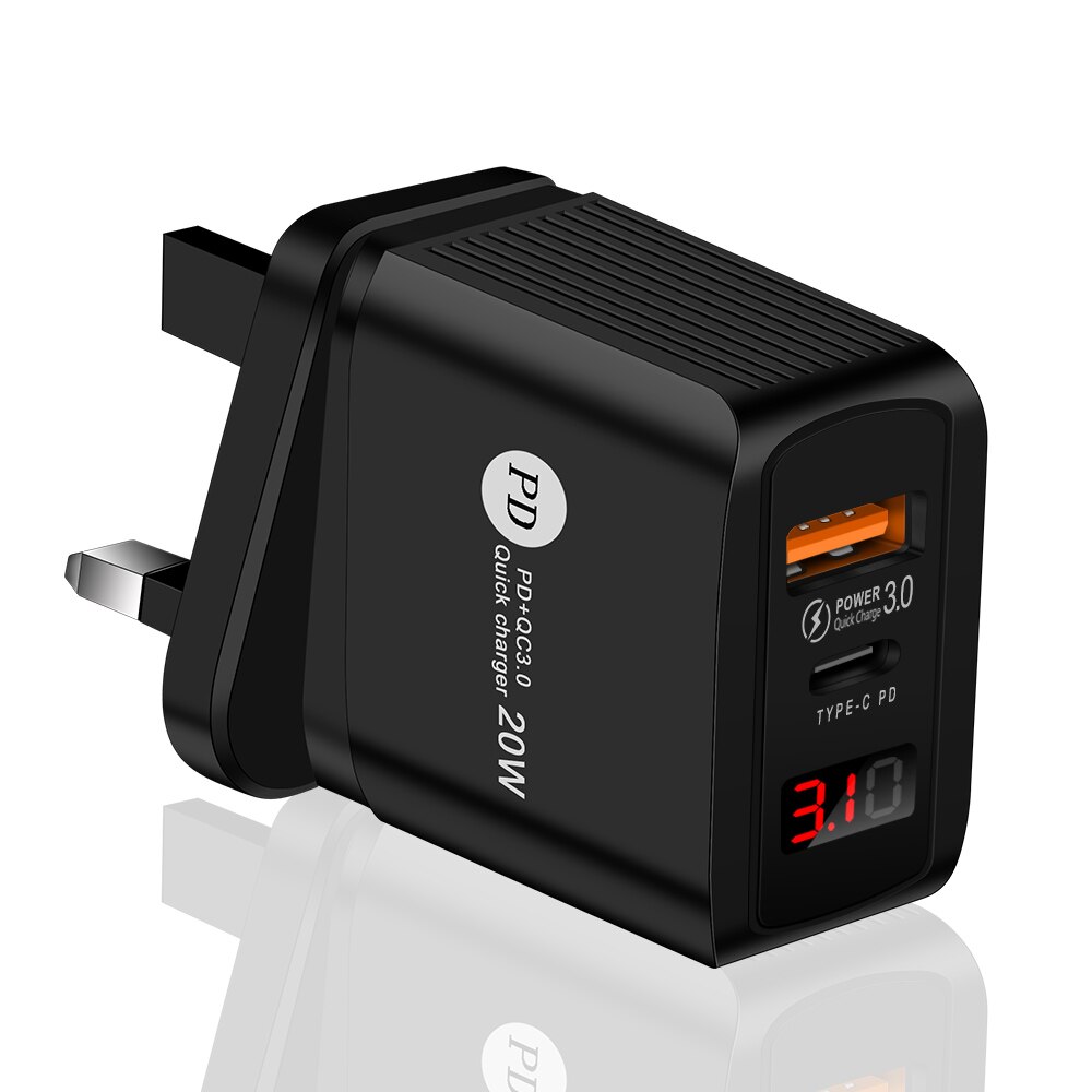 20W Qc Pd 4.0 3.0 Quick Charge Autolader Voor Samsung S10 9 Snelle Auto Opladen Voor Xiaomi Iphone type C Huawei Auto Usb Lader: UK Plug Black