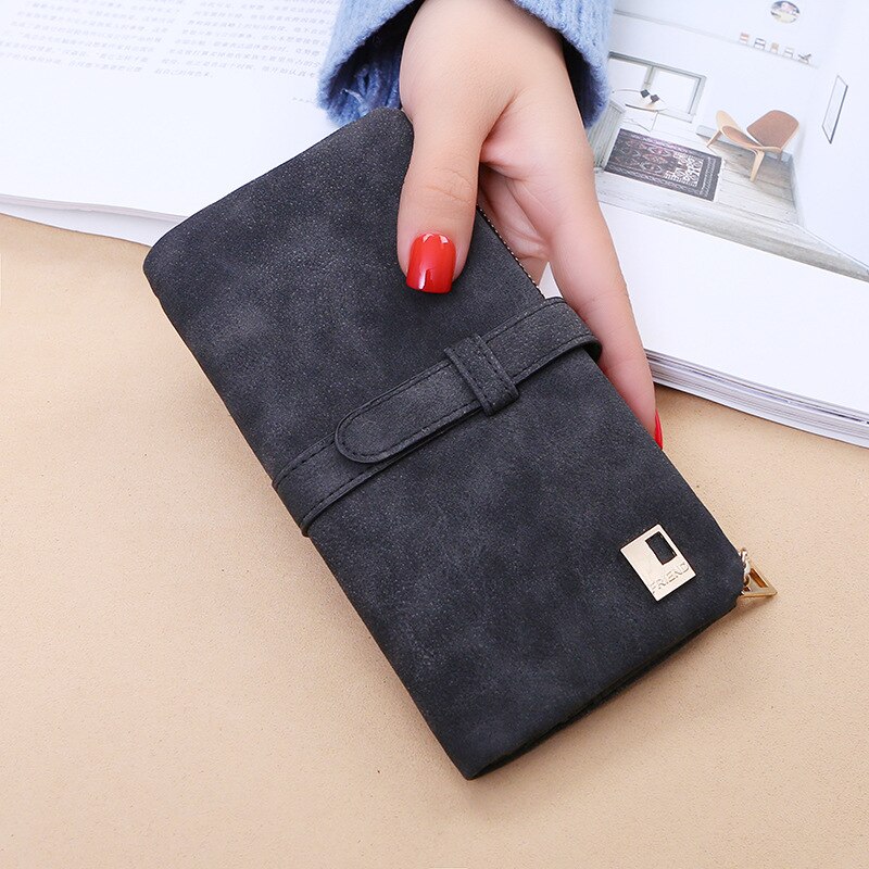 Mode Vrouwen Portefeuilles Trekkoord Nubuck Leer Rits Portemonnee Vrouwen Lange Portemonnee Tweevoudig Meer Kleur Clutch: Black