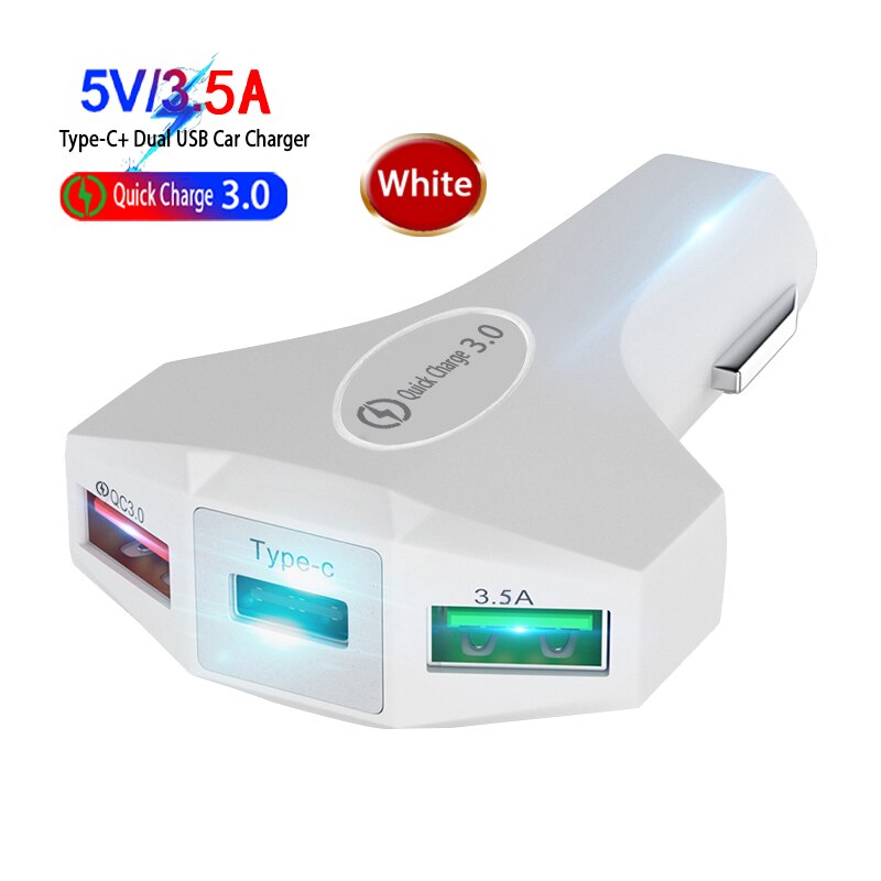 Quick Charge 3.0 Car 7A QC3.0 Turbo Fast Charging Car-charger 3 USB Car Mobile Phone Charger for iphone Micro USB Type C: White