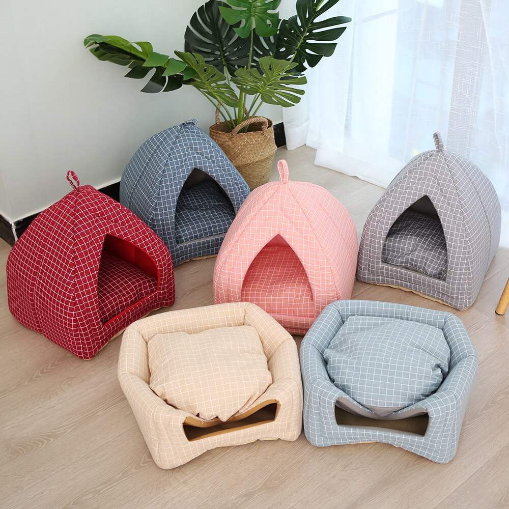 Cama para gato y perro de tela plegable forma de cono suave Casa de gato mascota nido para dormir cálido para gatos lavables suministros para mascotas lindas