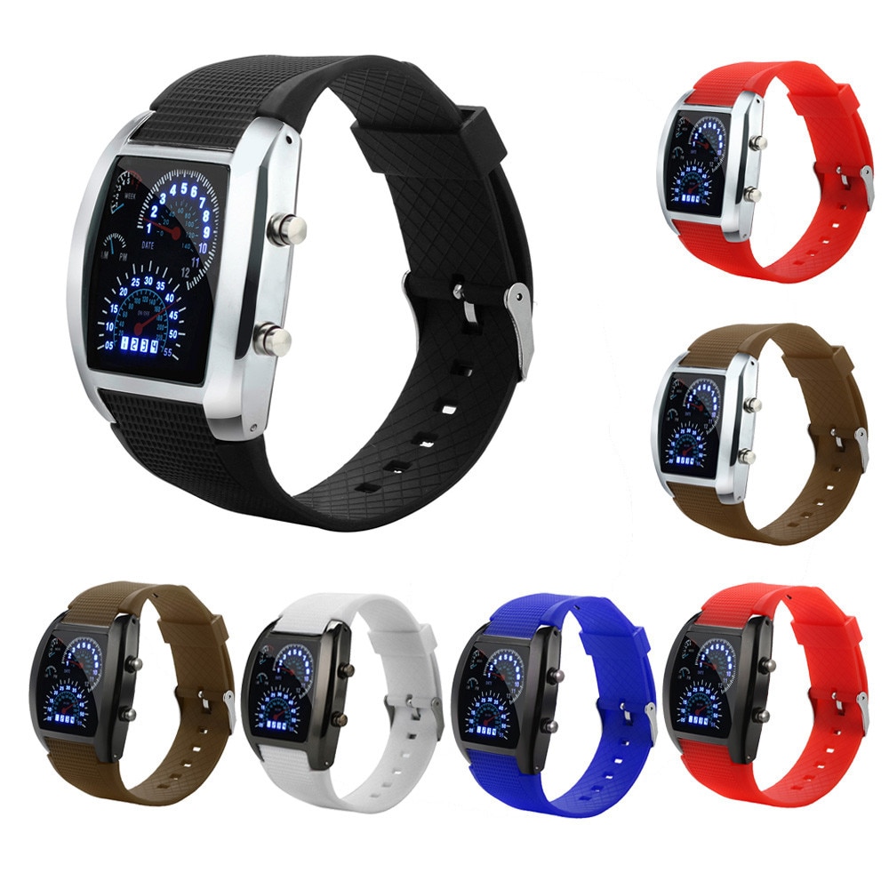 Aviation Turbo Dial Flash LED Watch Mens Lady Sports Car Meter Stainless steel Dress watches relogio feminino