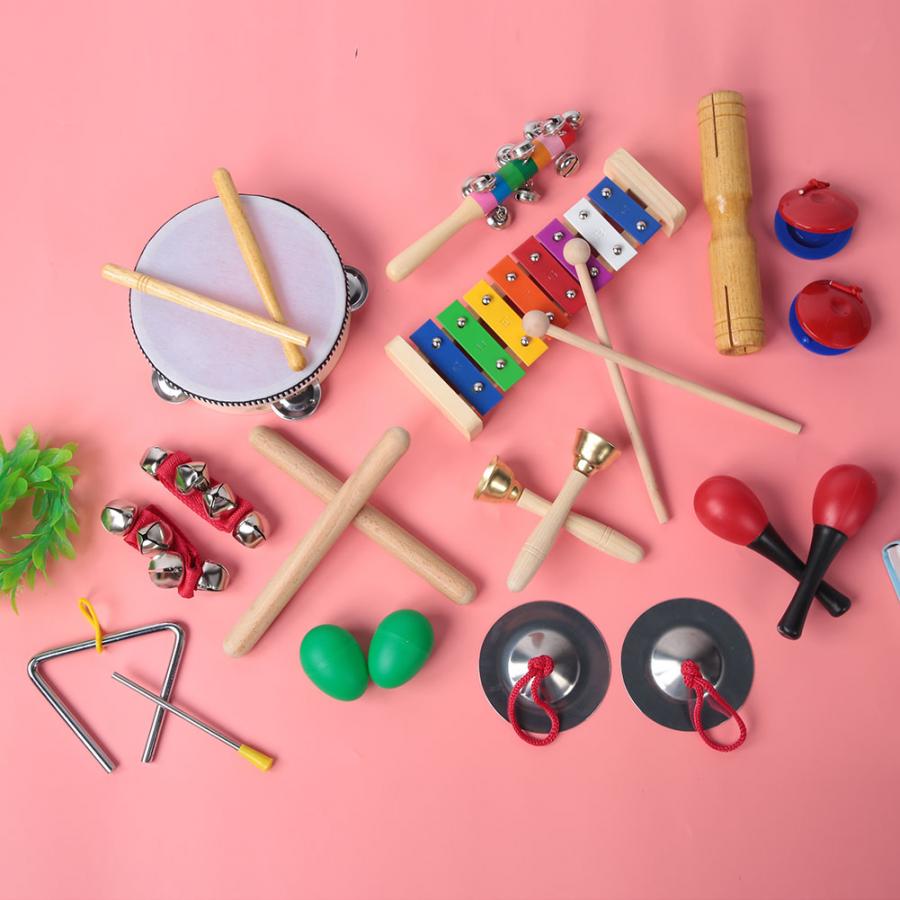 13 pièces enfants musique ensemble d'instruments tambourin + poignet cloche + Gong en métal + cloche + Tube en bois + Xylophone Ect Orff Kit de Percussion