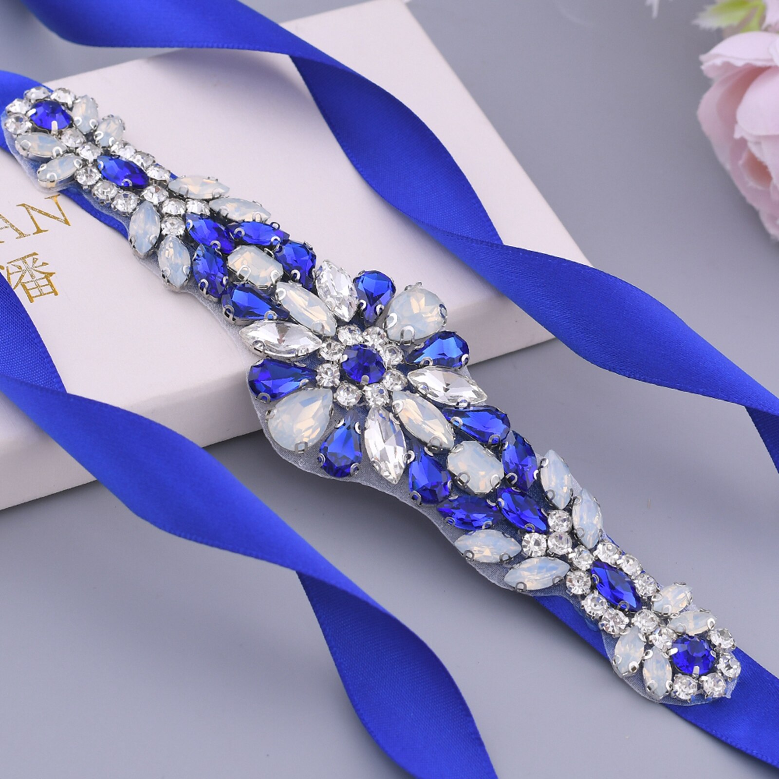 Ægte billede kongeblåt rhinestone bælte kvinder fancy bælte krystal slim bælte dekorativt bælte blå pailletter bælte brudekjole bælte