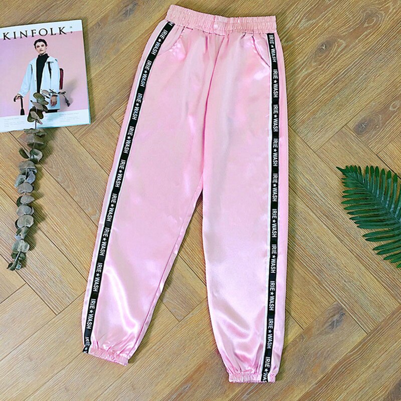 Pantalones deportivos informales para mujer, pantalones elásticos de cintura suelta con cordón, pantalones de gimnasia a rayas para mujer, pantalones elásticos para correr: pink 2 / M