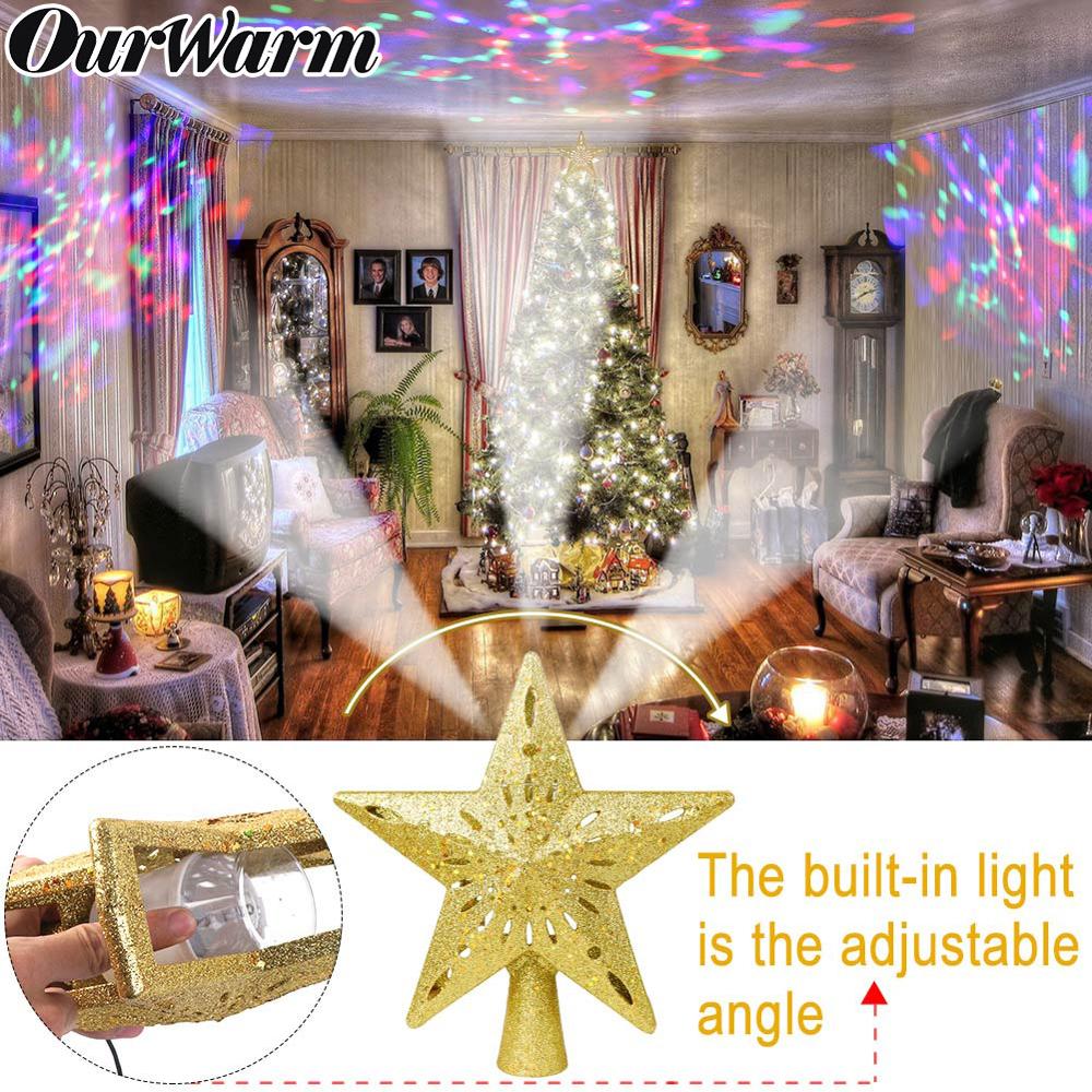 OurWarm Kerstboom Topper Glitter Verlichte Ster Boom Topper met Verstelbare Roterende Magic Projector Kerst Decoratie
