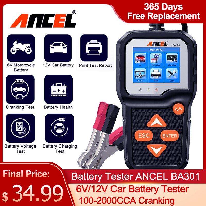 Ancel BA301 Auto Batterij Tester 12V 6V Motorfiets Zwengelen Test 2000 Cca Boot Batterijen Lader Analyzer Circuit Automotive gereedschap