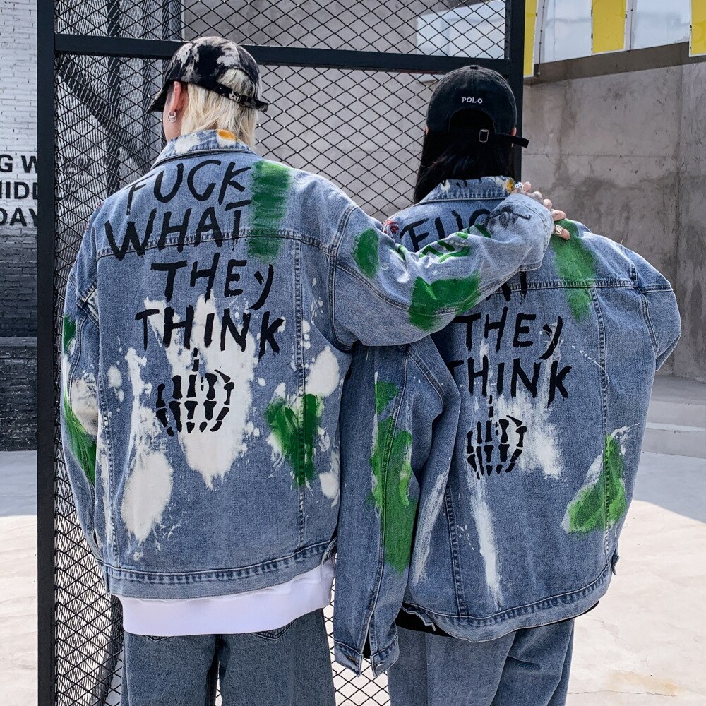 Inkt Graffiti Print Denim Jassen Unisex Hip Hop Punk Rock Casual Jean Jassen Streetwear Mode Hipster Jas Tops Bovenkleding Mannen