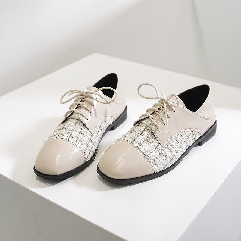 Preppy Girls oxford shoes for women lace up flats square toe loafers derbies plaid patchwork small leather shoes woman34-43