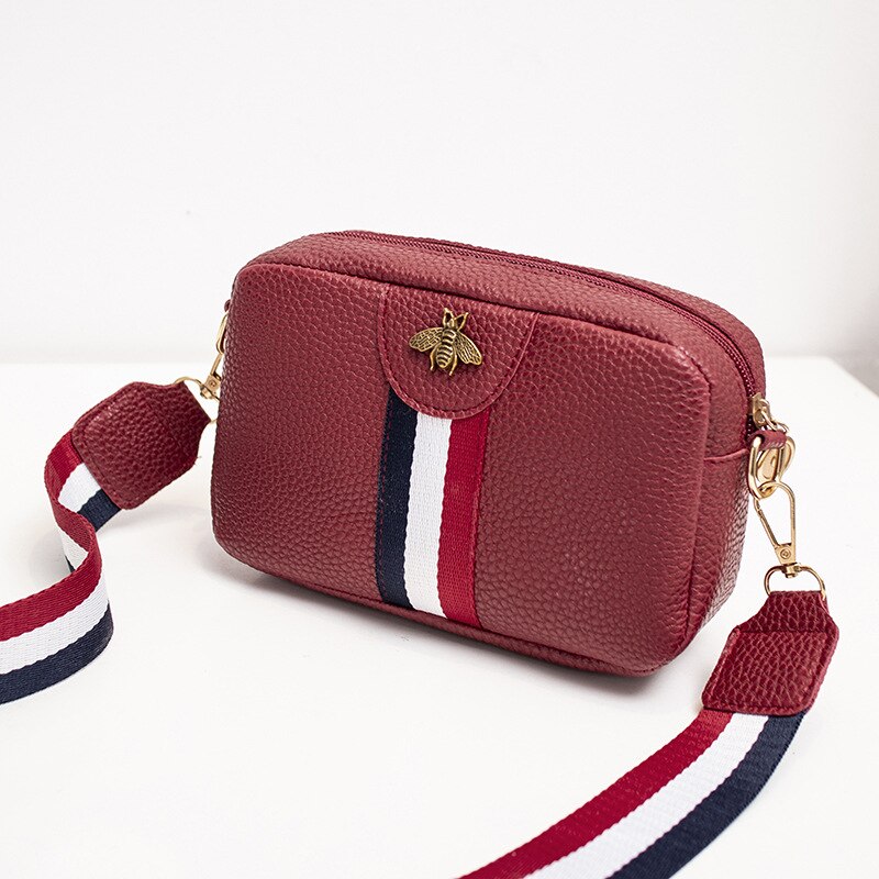 Bee Tassen Vrouwen Schouder/Crossbody Tas Streep Rits Mode Riem Stijl Mini Purse: wine red