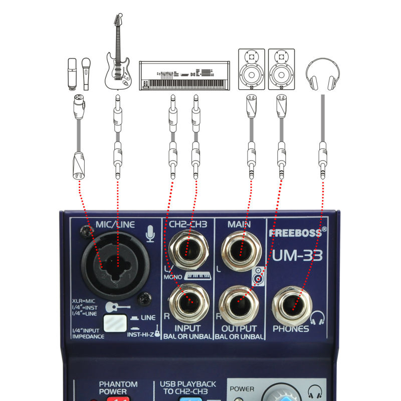 Freeboss UM-33 3 Channels Input Mic Line Insert Stereo USB Playback USB Interface Audio Mixer