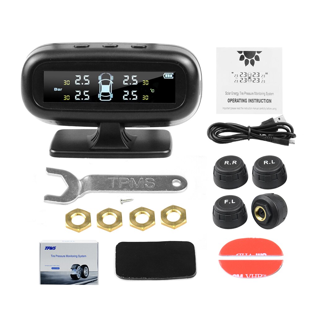 Système de surveillance TPMS de pression des pneus, charge solaire, écran LCD numérique HD, alarme automatique sans fil avec 4 capteurs,: Portable