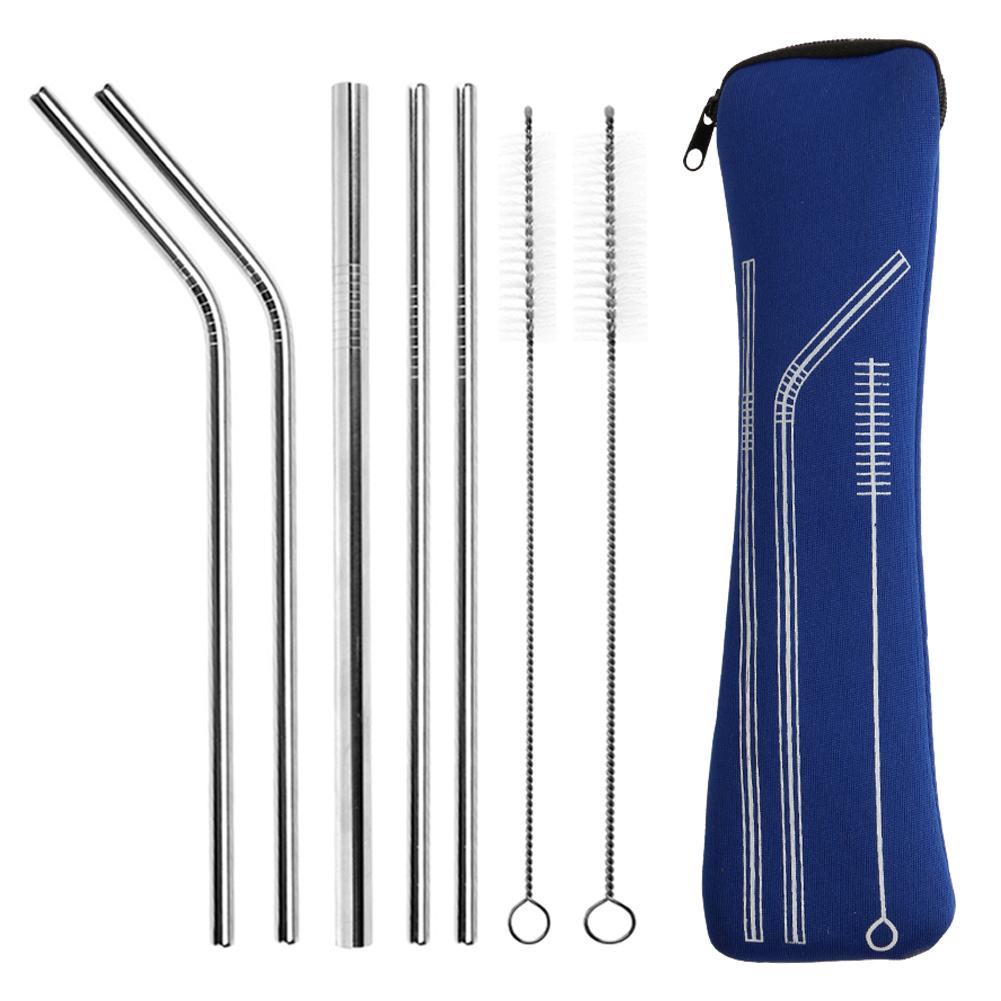 Reusable 304 Stainless Steel Sturdy Bent Straight Metal Drinking Straws with Cleaning Brush Portable Bar Party Accessory Healthy: Blue