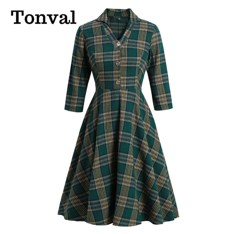 Tonval Groene Plaid Elegante V-hals Button Front Vintage Winter Jurk Vrouwen 3/4 Lengte Mouw Party Robe Midi Jurken