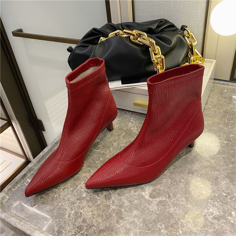Pointed Toe Sock Boots Women Ankle Boots Stretch Shoes Slip On Thin Mid Heels Chelsea Boots Woman Red Black Shoes Short Boots: Red / 7