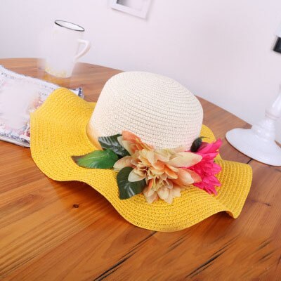 Sombrero de paja con flores para madre e hija, sombrero flexible de ala ancha para playa, verano,: Yellow
