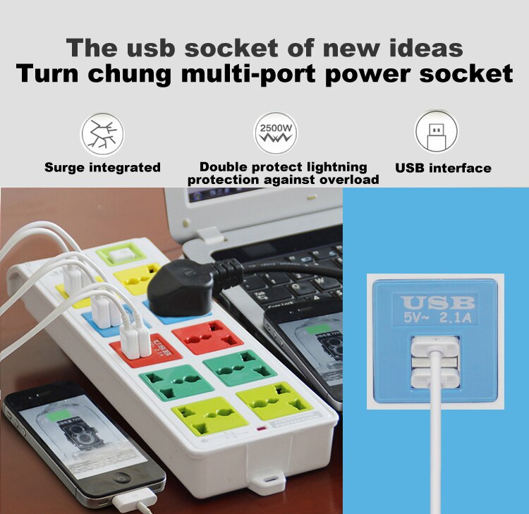 Fireproof material 5V 2100Ma USB output smart power strip with Overload protection