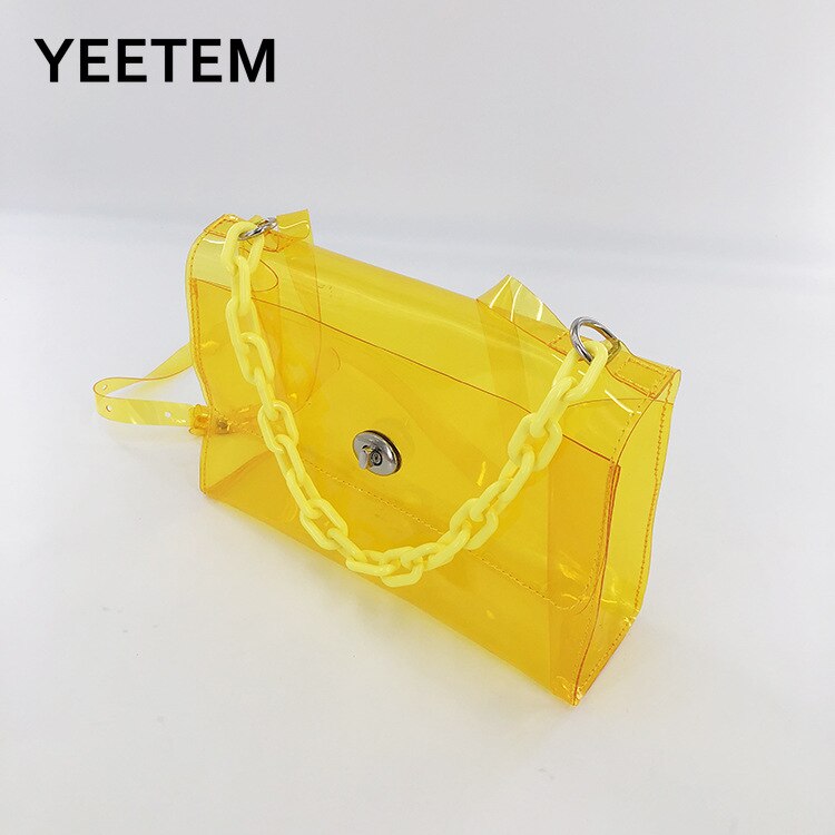 Geel Jelly Kleur Transparant Verpakking Pvc Kleine Vierkante Tas Hars Ketting Decoratie Dames Draagbare Diagonaal Lipstick Bag Purse