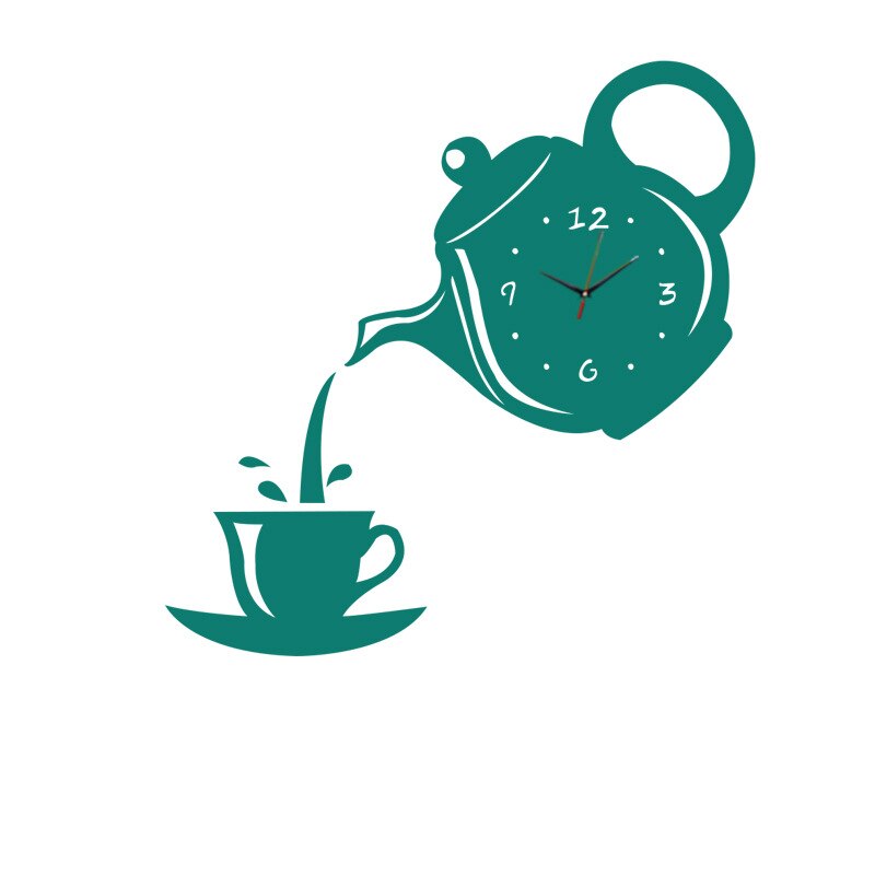 DIY 3D Wall Clock Acrylic Coffee Cup Teapot Decorative Kitchen Wall Clocks Living Room Dining Room Home Decor Clock: Green / 22x16cm