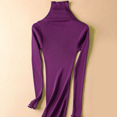 SuyaDream Women Solid Turtleneck Pullovers 80%Silk 20%Cotton Slim Fit Rib Sweaters Autumn Winter Bottoming Knit wear: Purple