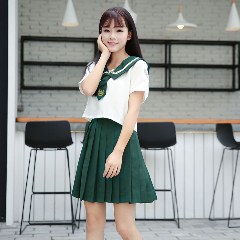 Uniforme de estudiante japonés Jk, traje de Sailor verde, Falda plisada de Cosplay universitario, traje de manga corta con lazo, S-XXL