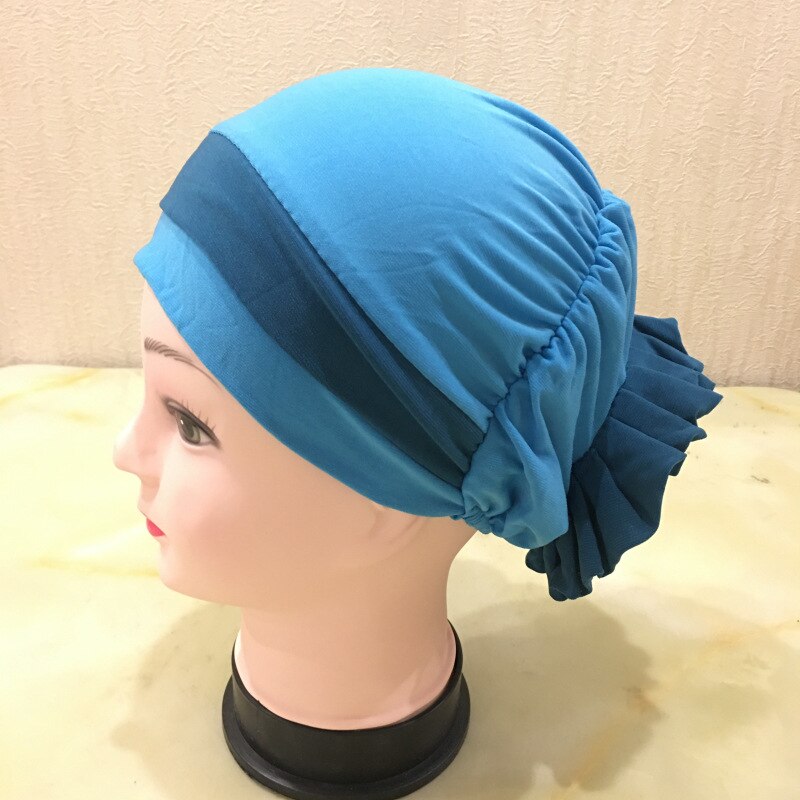 Muslim Woman Casual Headdress Big Flower Headscarf Hat Hair Loss Cap Islamic Baotou Cap Chemo Hat Color Matching Hats Headwear: Cyan