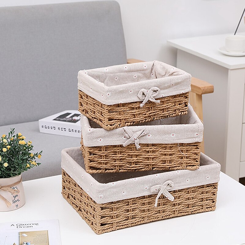 Handmade Woven Storage Baskets Panier Rangement Cesta Mimbre Household Items Snacks Organizer Desktop Rattan Storage Basket