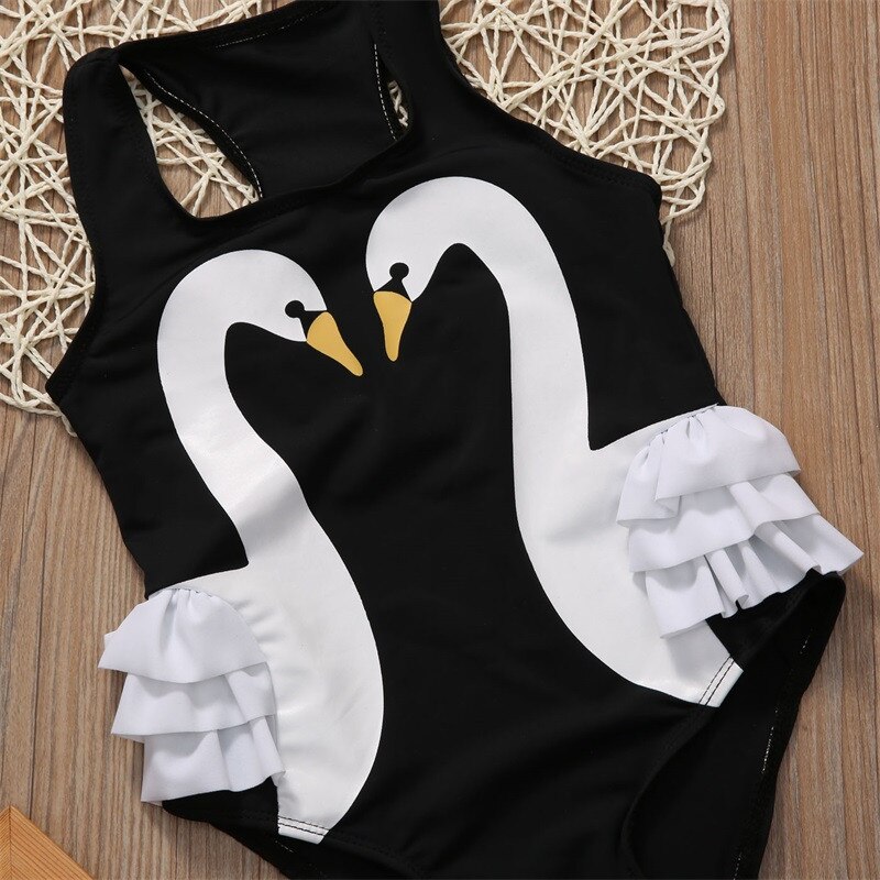 Pudcoco Summer Kids Swimwear Girls 3D Swan Print One Pieces Swimsuit Flower Halter Beach Pool Swimwear Bathing Suit 2-7T