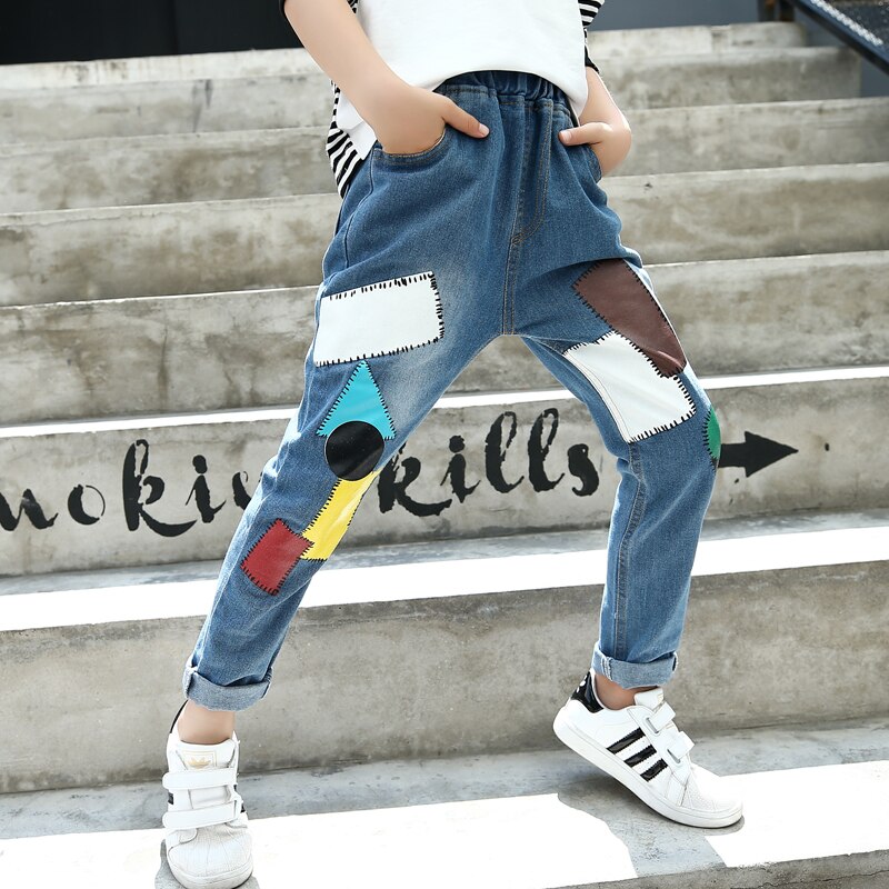 Baby Girl Jeans Summer Geometric Denim Pants Cotton Kids Boys Clothes 3-14Years Teenage Blue Jeans Trousers