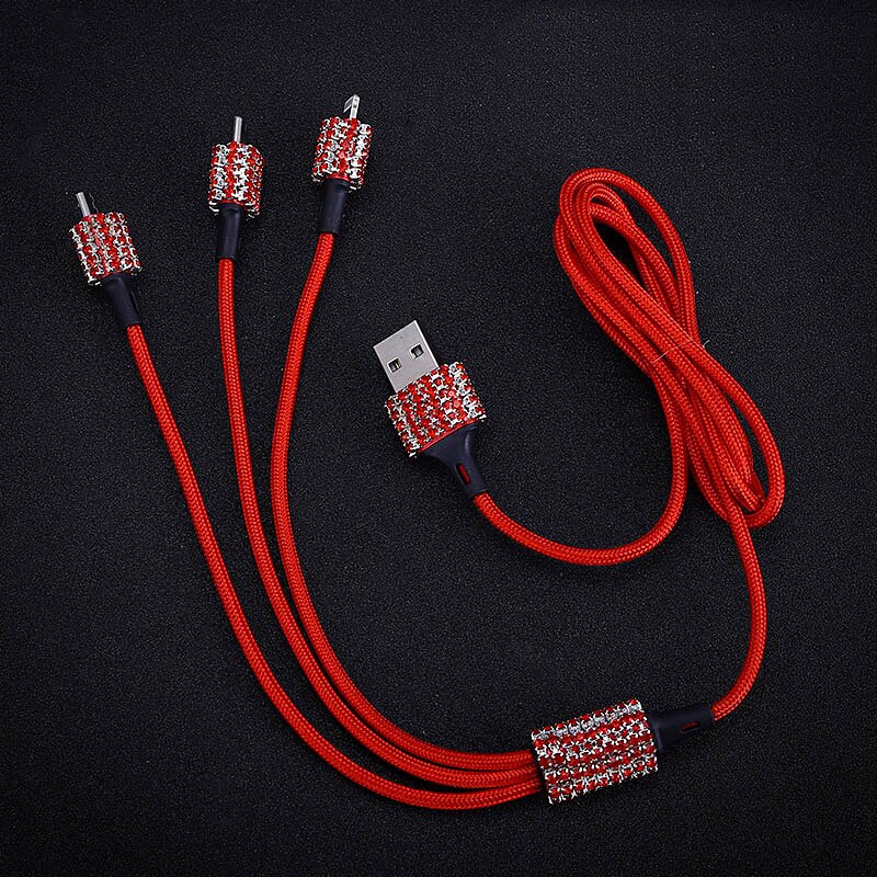 Diamond crystal 3 in 1 usb-kabel for iphone ladelader datakabel type c type-c mikro usb-kabel for samsung xiaomi wire: Rød