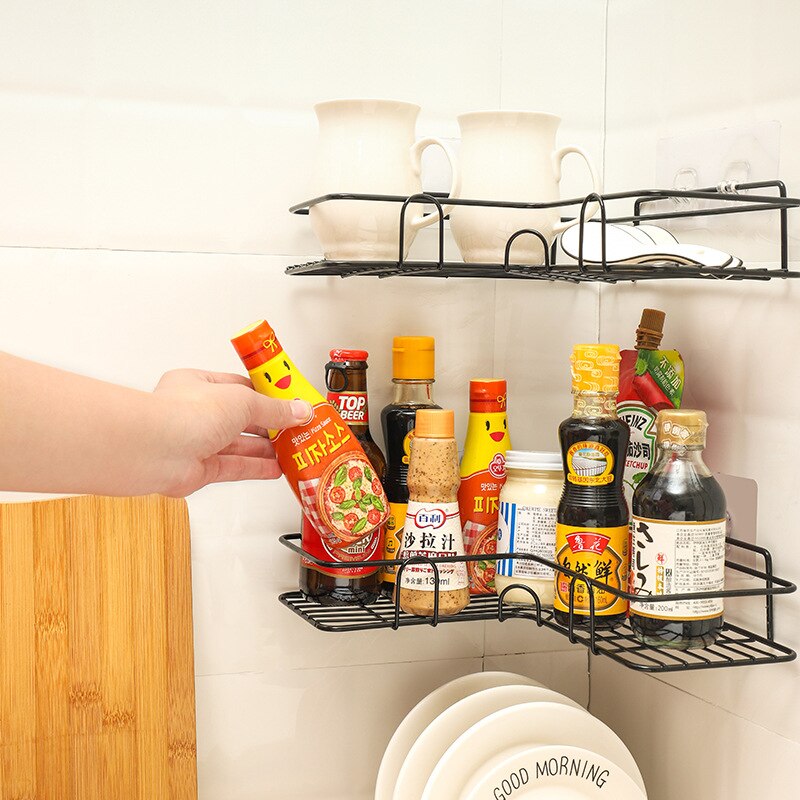 Etagère ventouse pour salle de bain ou cuisine, poinçon, cadre d&#39;angle, fer forgé, rangement de shampoing et accessoires