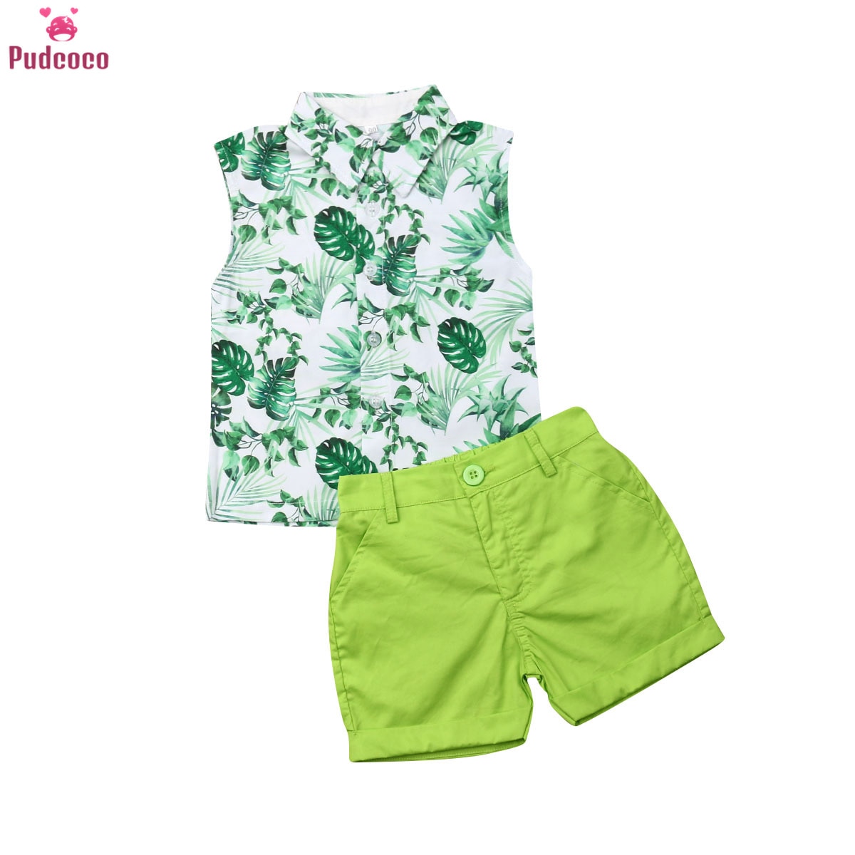 2 stycken småbarn barn pojke kläder set små pojkar ärmlösa tryckta löv linne+korta byxor sommar outfit set