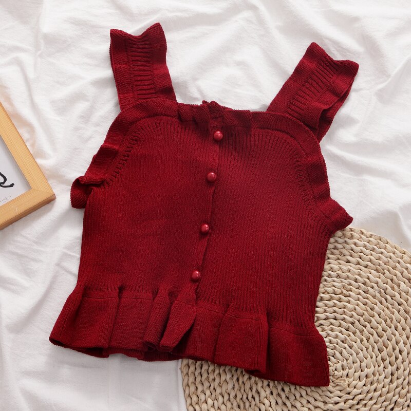 Gagarich colete feminino doce frilled 2020 verão novo estilo coreano feminino sólido magro wear topos: Vermelho