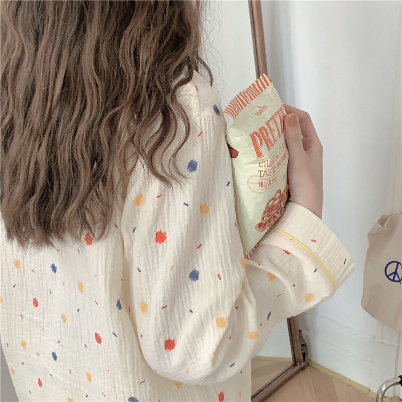 Pijama de algodón de lunares para mujer, ropa de dormir Coreana de manga larga, conjuntos de pijamas para mujer, traje de Rebeca
