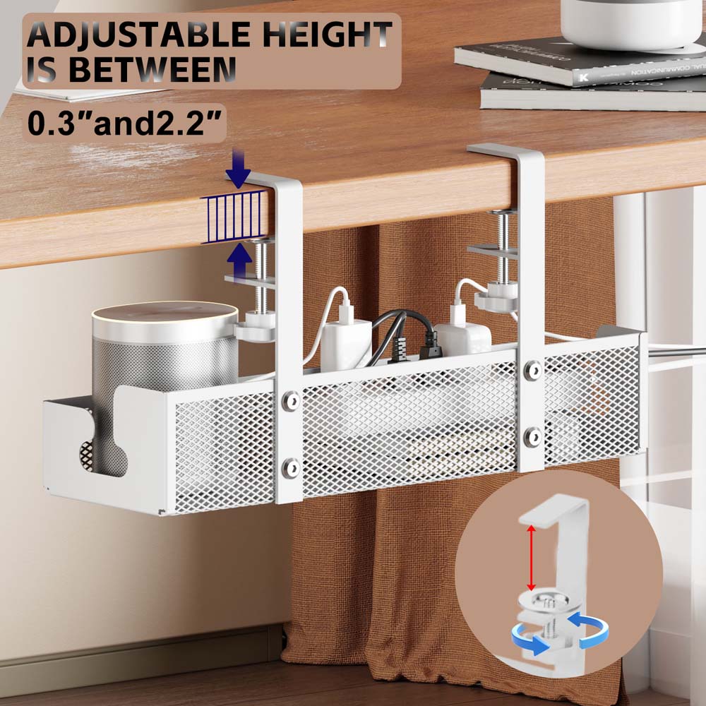 Under Desk Office Table Organizer Rack No Drill Steel Tray Clamp Mount Under Table Cord Wire Management Tray Cable Management