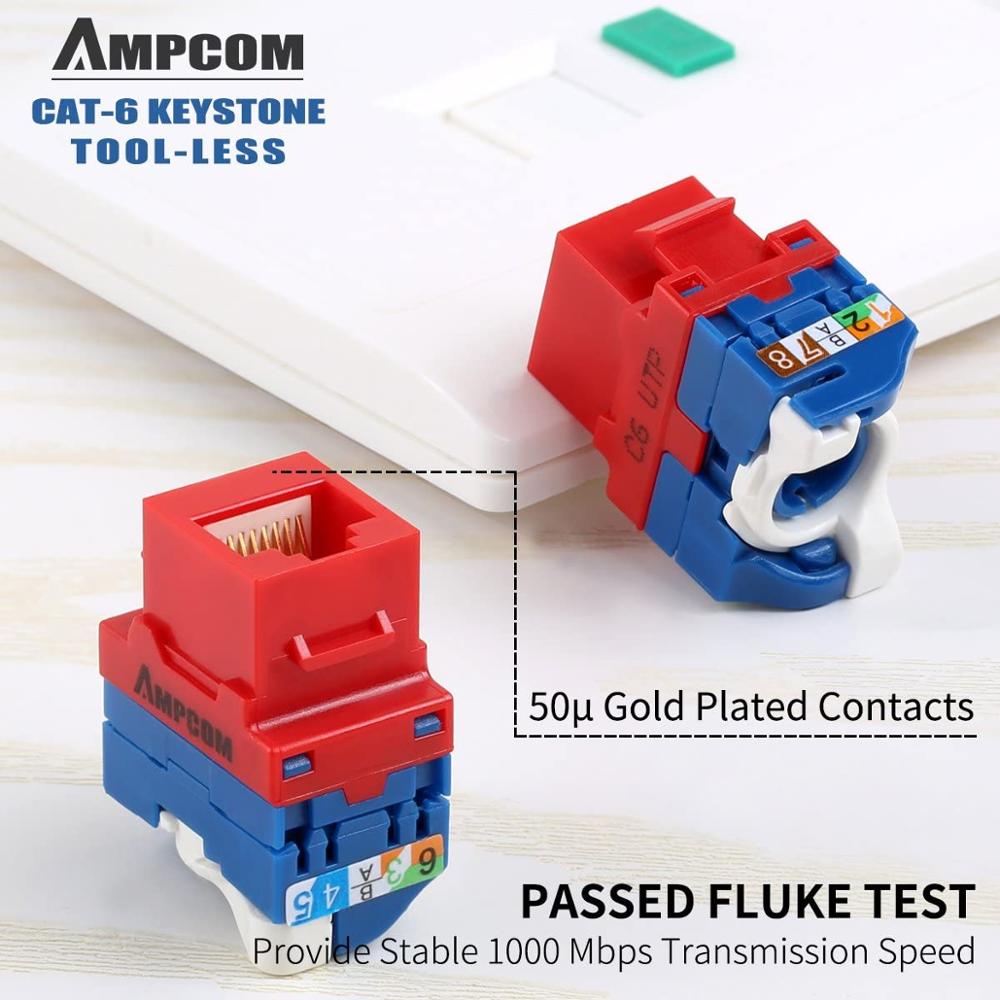 AMPCOM 10-Pack CAT6 RJ45 Tool-Less Keystone Jack, No Punch Down Tool Required UTP Module Connector Red