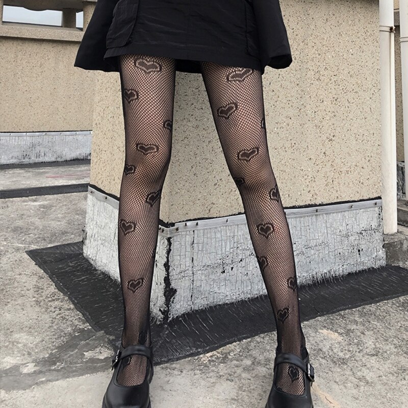 Gothic Style Women Sexy Hollow Out Fishnet Black Pantyhose Heart Jacquard See-Through Slim Tights Stockings Clubwear