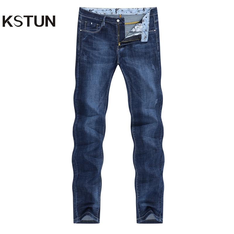 Kstun sommarjeans för män stretch ljusblå jeansbyxor slim straight regular fit casual herrkläder
