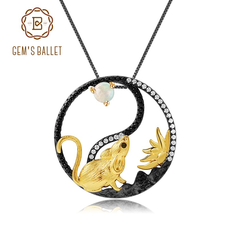 GEM'S BALLET Chinese Zodiac Rat Pendant Necklace For Women Natural African Opal 925 Sterling Silver Yin and Yang Animal Jewelry