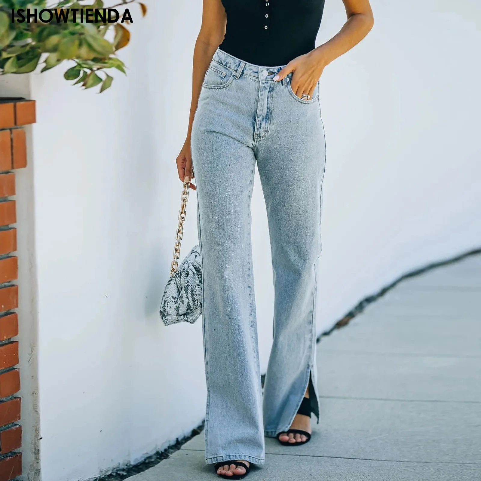 Spliced Wide Leg Denim Pants High Waist Jeans Women Ankle Length Jean Washed Loose Fit Pockets Zipper Fly Basics Solid 2024
