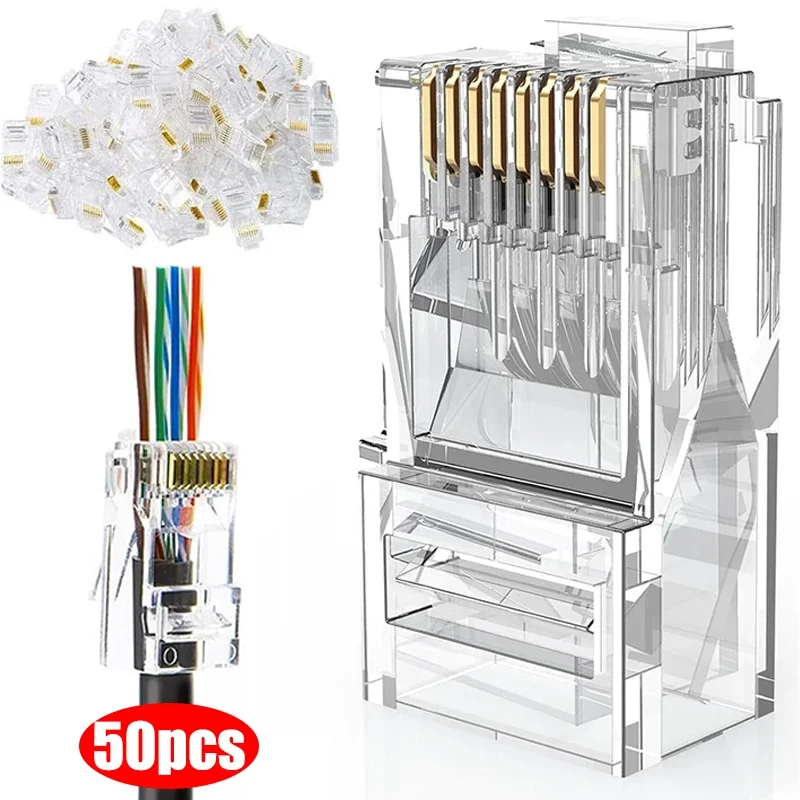 RJ45 Cat6 Cat5e Pass Through Connectors Gold Plated 8P8C Modular Ethernet UTP Network Cable Plug for Unshielded Twisted Pair