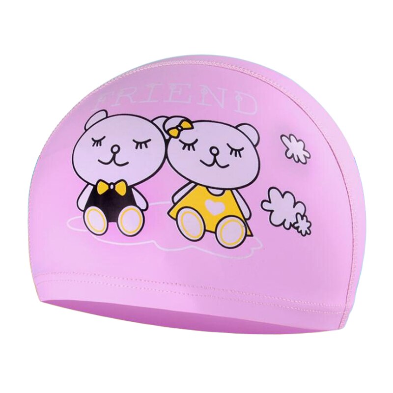 Tkanina PU Cute Cartoon zwierząt delfin dzieci dzieci czepek wodoodporny chronić uszy długie włosy chłopcy dziewczęta basen kąpielowy czapki kapelusz: Pink Bear (S)