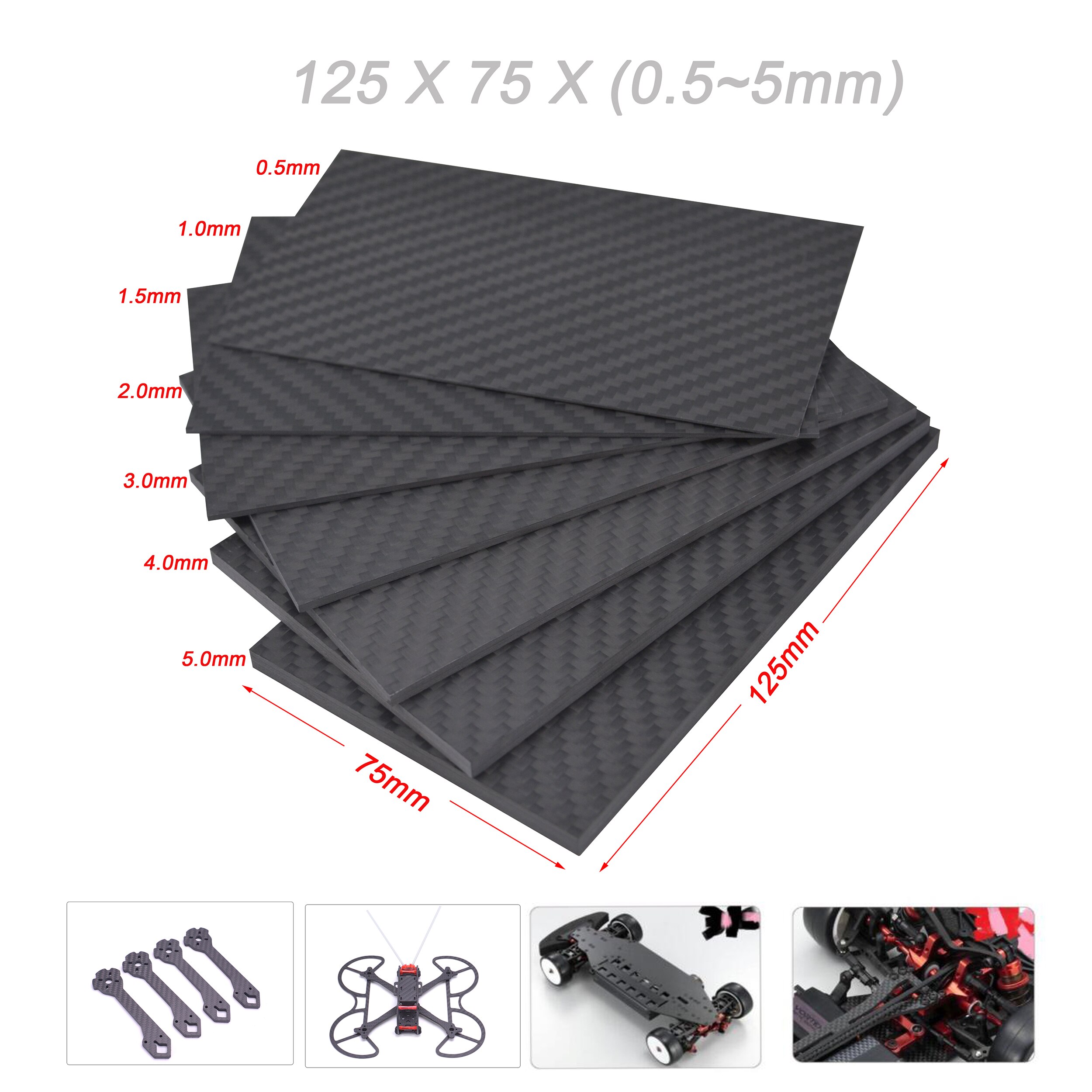 125mm X 75mm Real Carbon Fiber Plaat Panel Lakens 0.5mm 1mm 1.5mm 2mm 3mm 4mm 5mm dikte Composiet Hardheid Materiaal