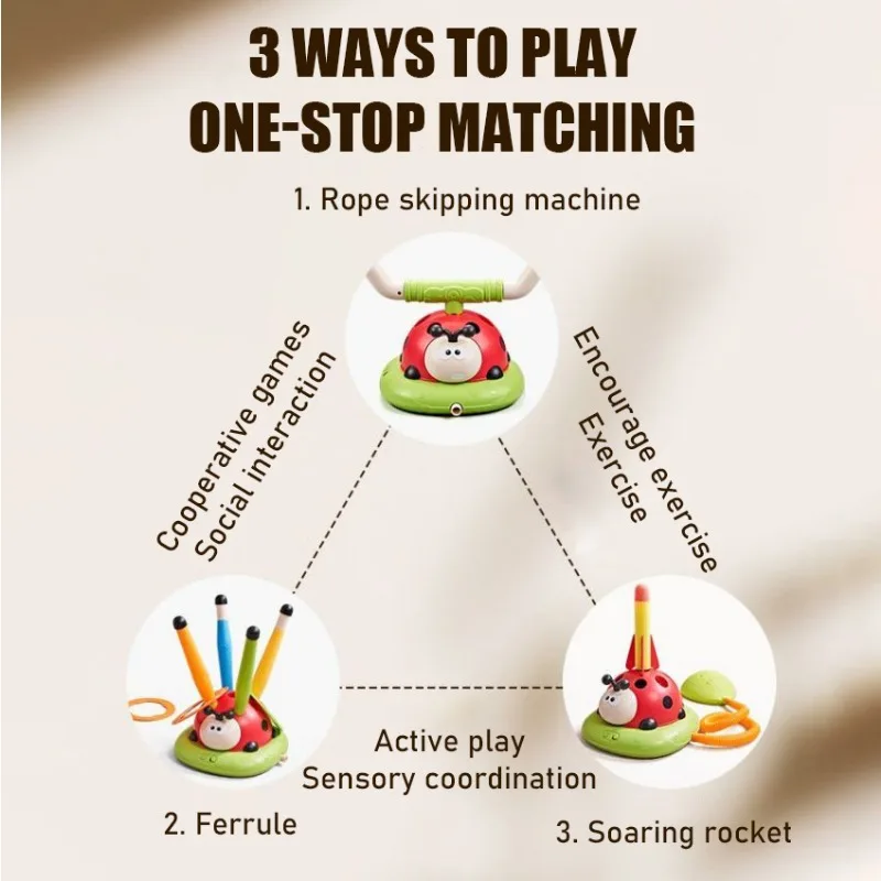 Musikalisches Springen-Sportspielzeug, 5-in-1, 3-in-1-Wurfring-Spiel, Spielzeug und Raketenwerfer für freundlicher, Marienkäfer, Multifunktions-Außenmaschine