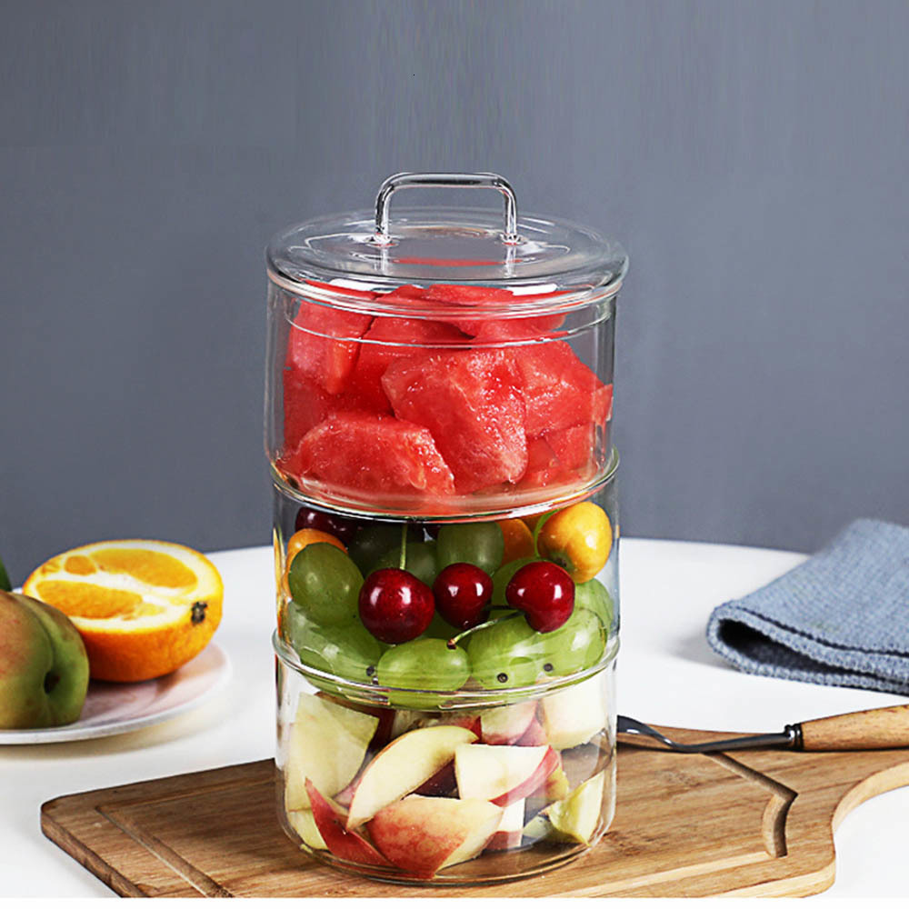 Cuenco de vidrio resistente al calor, apilable, redondo, para fruta, ensalada, contenedor de almacenamiento de alimentos