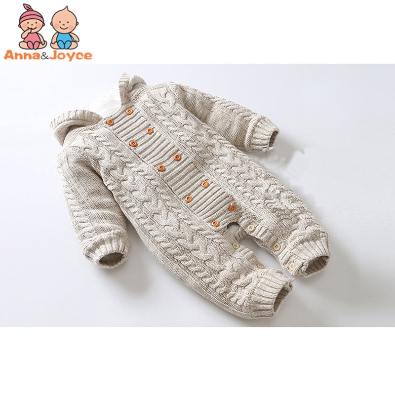 Tyk varm spædbarn nyfødt baby dreng pige strikket sweater jumpsuit hætteklædt barn toddler overtøj romper vintertøj: Khaki / 18m
