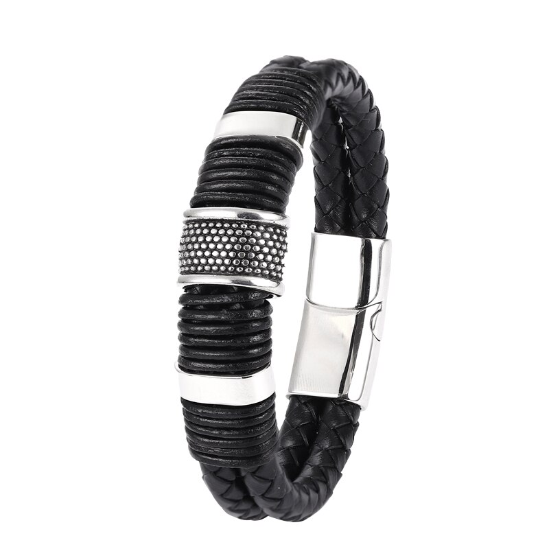 MingAo Stainless Steel Charm Charkra Magnetic Black Bracelets for Men Leather Leather Tennis Bangles Jewelry Accessories Friends: silver / 22.5cm