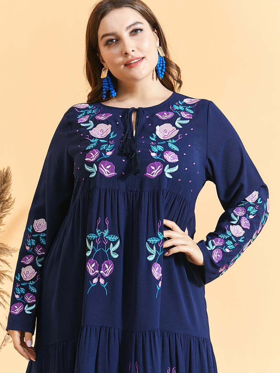 Herfst Winter Jurk Plus Size Vrouwen Lange Mouwen Borduren Bloemen Elegante Jurk Losse Oversized Maxi Lange Moslim Jurk
